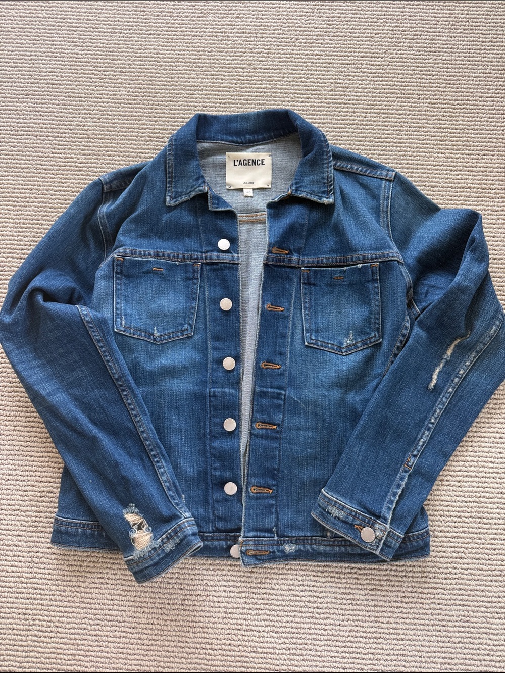 L'AGENCE Distressed Medium Blue Denim Jacket